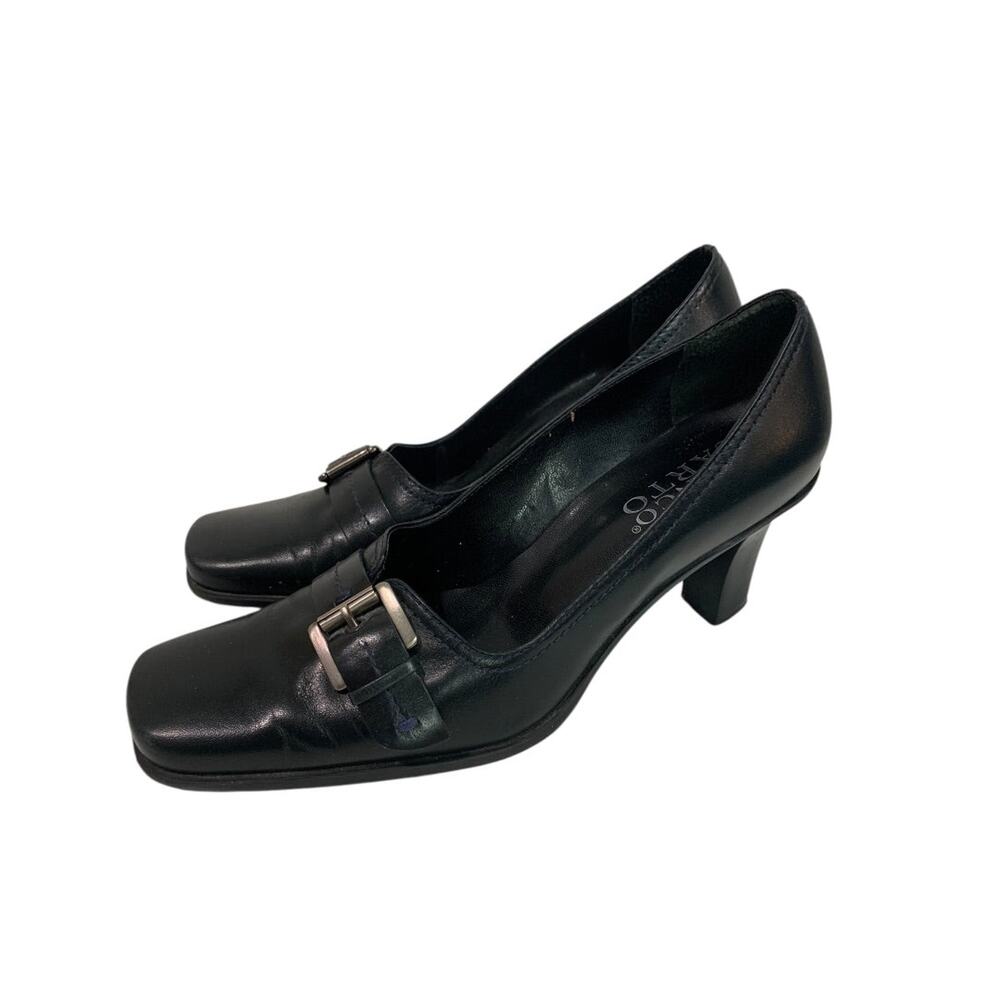 Size 7.5M Franco Sarto Womens Black Leather Shoes Square Toe 3" Heel